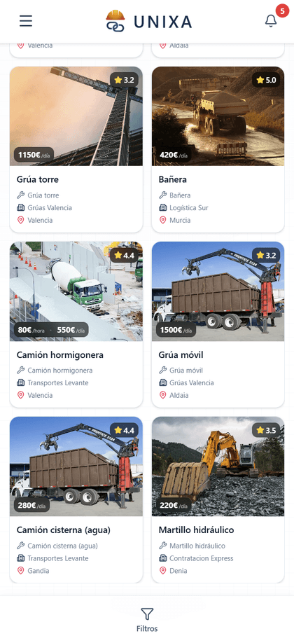 UNIXA vista movil - Listado de servicios